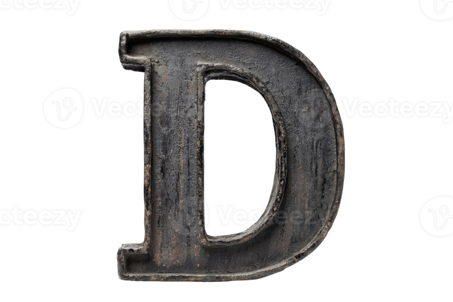 Rustic metal letter D isolated on transparent background, showcasing aged texture and industrial style. Perfect for design projects. png