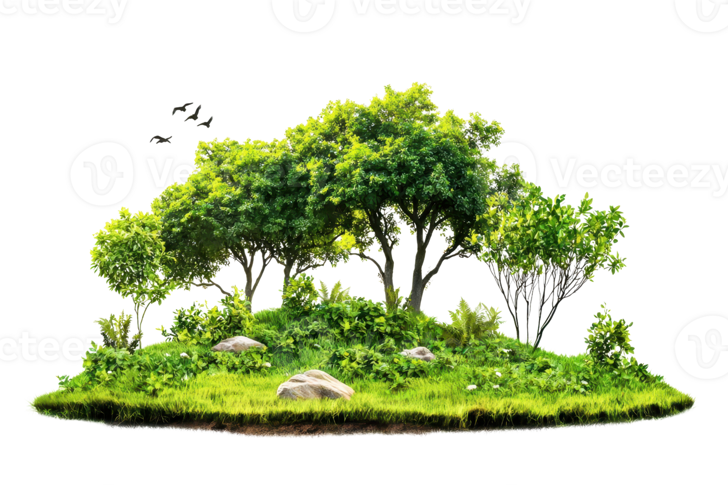 Lush green forest island with trees, shrubs, and rocks, isolated on transparent background. showcasing natural beauty and wilderness. png