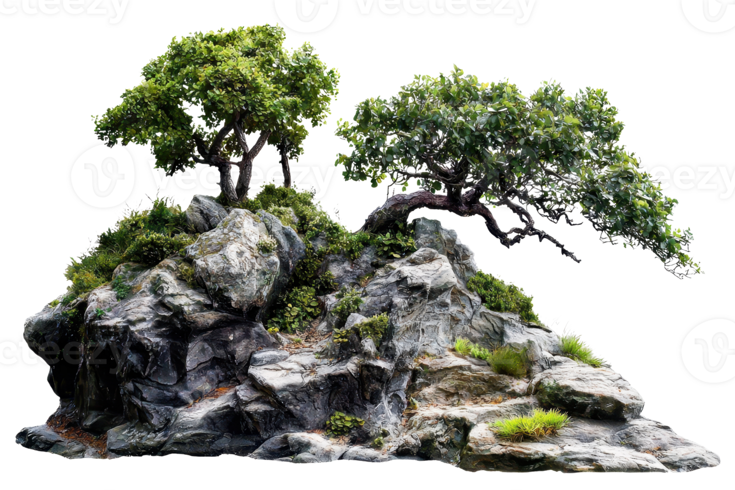 Realistic rocky landscape with vibrant green trees and lush vegetation, perfect for nature-themed projects or background images. png