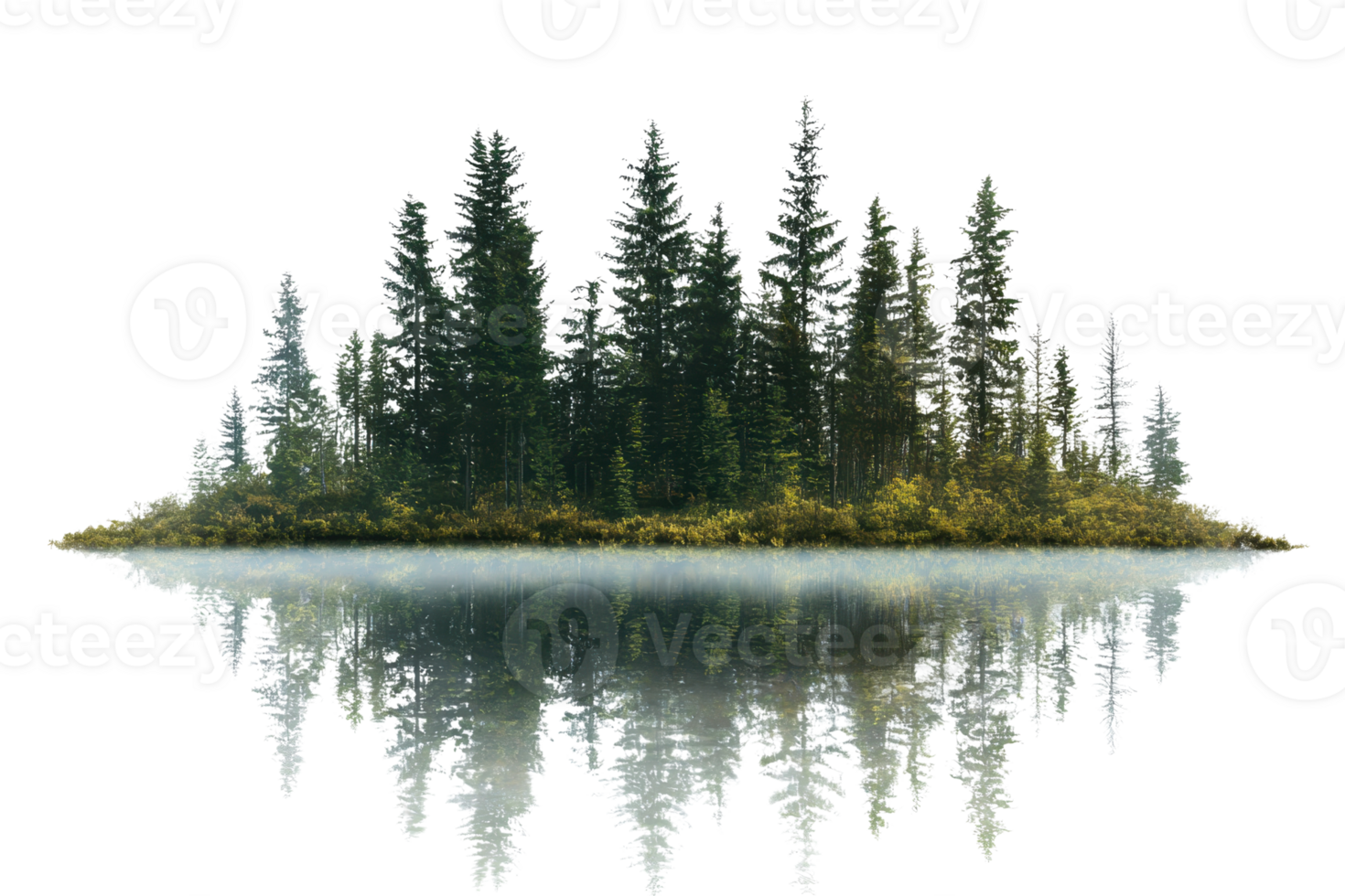 Serene forested island reflected in calm water, creating a mirrored effect of lush green trees, perfect for nature and landscape themes. png