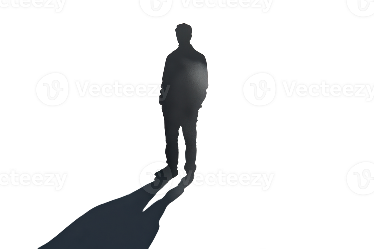 Silhouette of a person casting a long shadow, isolated on transparent background. representing mystery, anonymity, and solitude. png