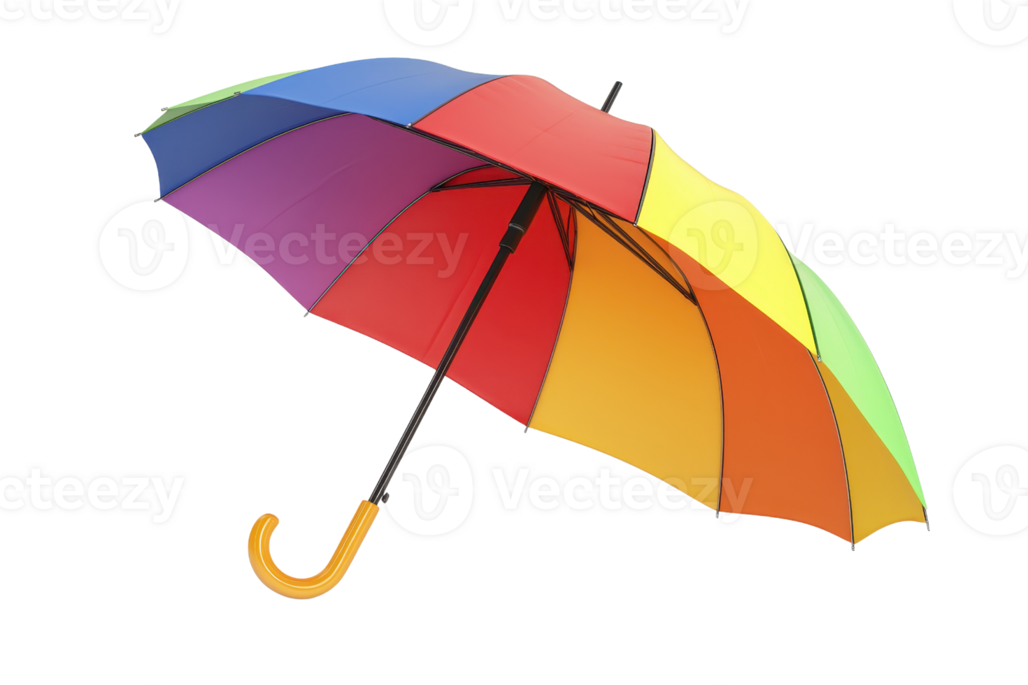 Vibrant rainbow-colored umbrella with multicolored segments, isolated on a transparent background. perfect for weather and accessory themes. png