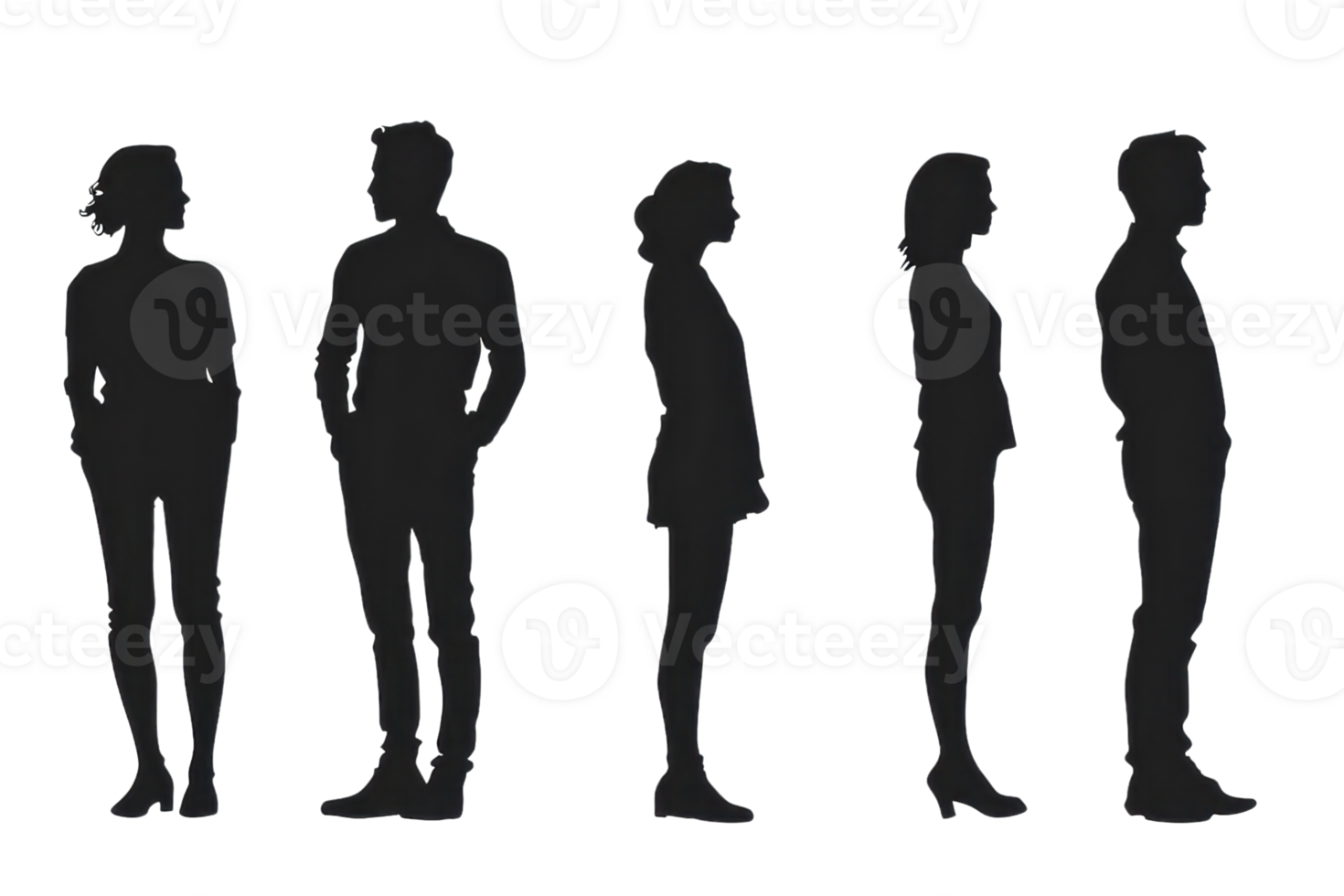 Silhouettes of five people standing in different postures, isolated on transparent background. Perfect for various design and illustration projects. png