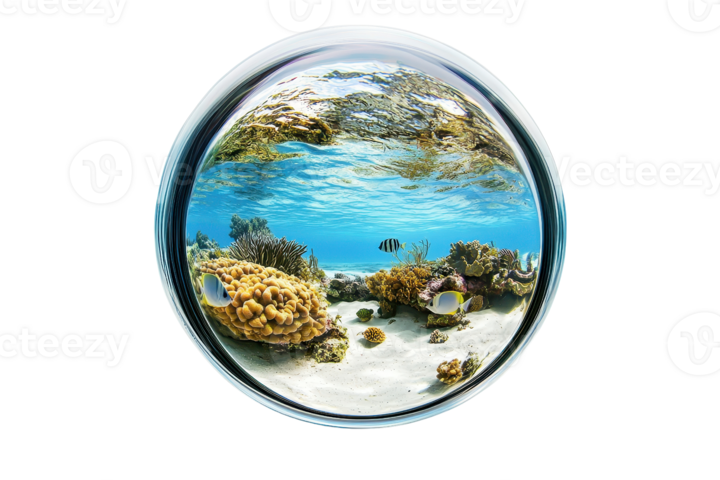 Stunning fisheye view of a vibrant underwater coral reef teeming with colorful marine life in crystal clear blue water. png