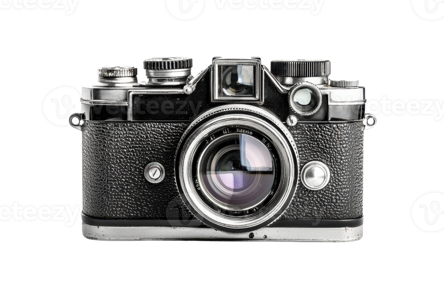 Vintage black camera with a large lens, isolated on a transparent background. Classic design showcasing retro photographic equipment. png