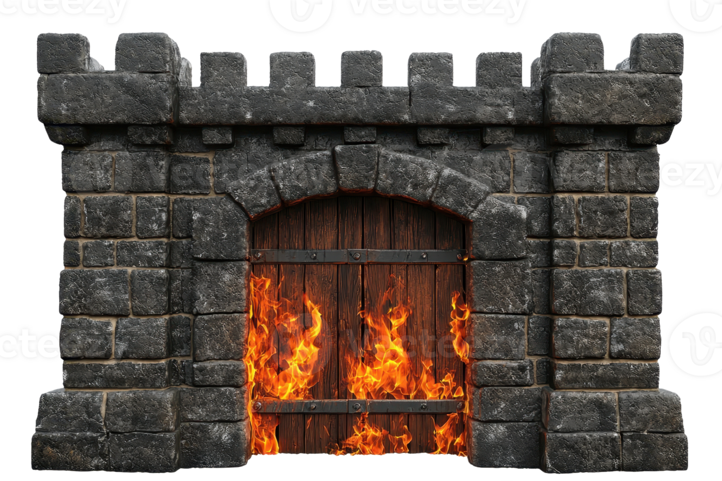 Stone medieval castle gate engulfed in flames, illustrating a dramatic and fiery scene of historical architecture and war. png