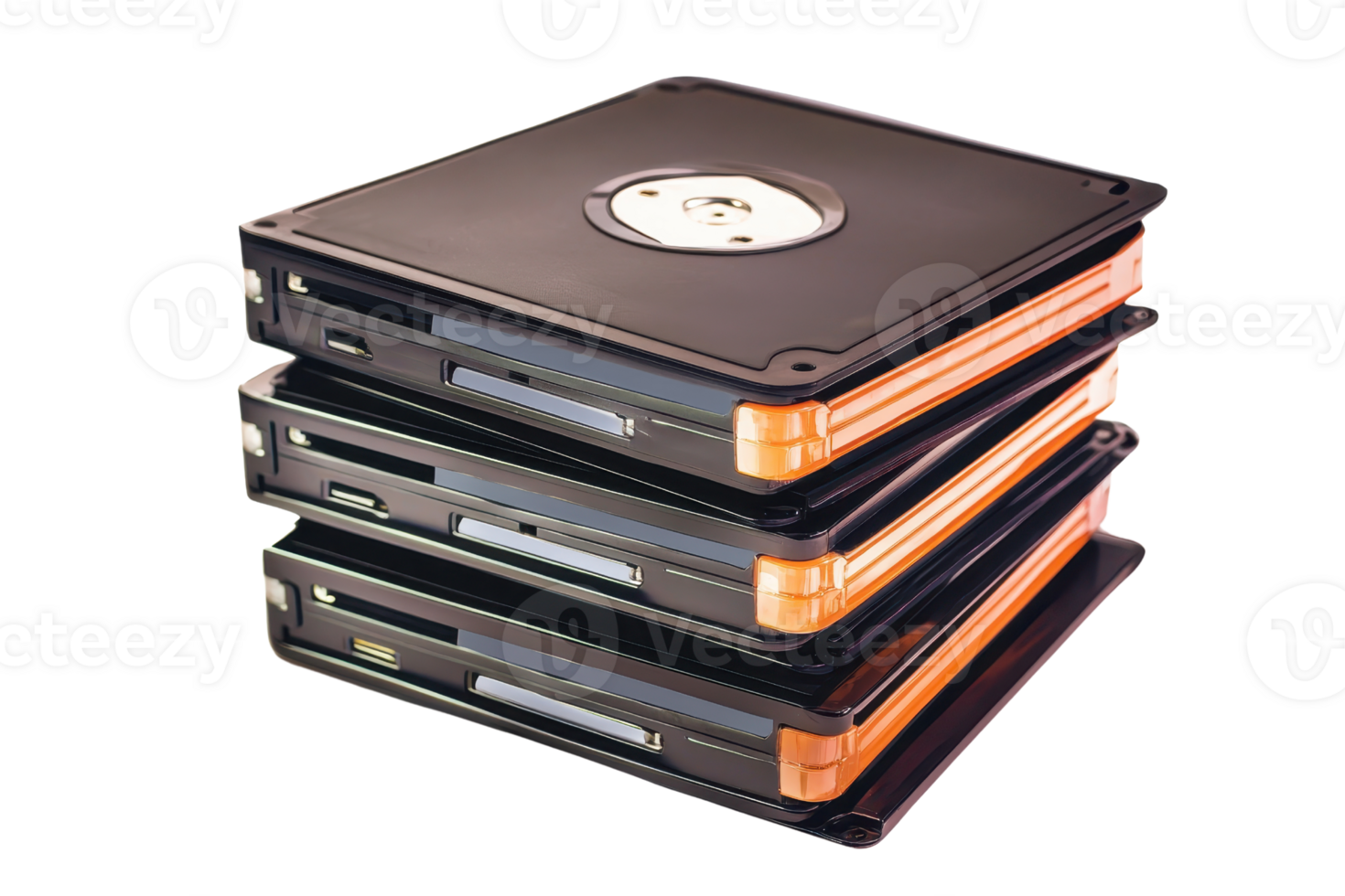 Stack of external hard drives showcasing modern digital storage solutions for data backup and file management needs. png