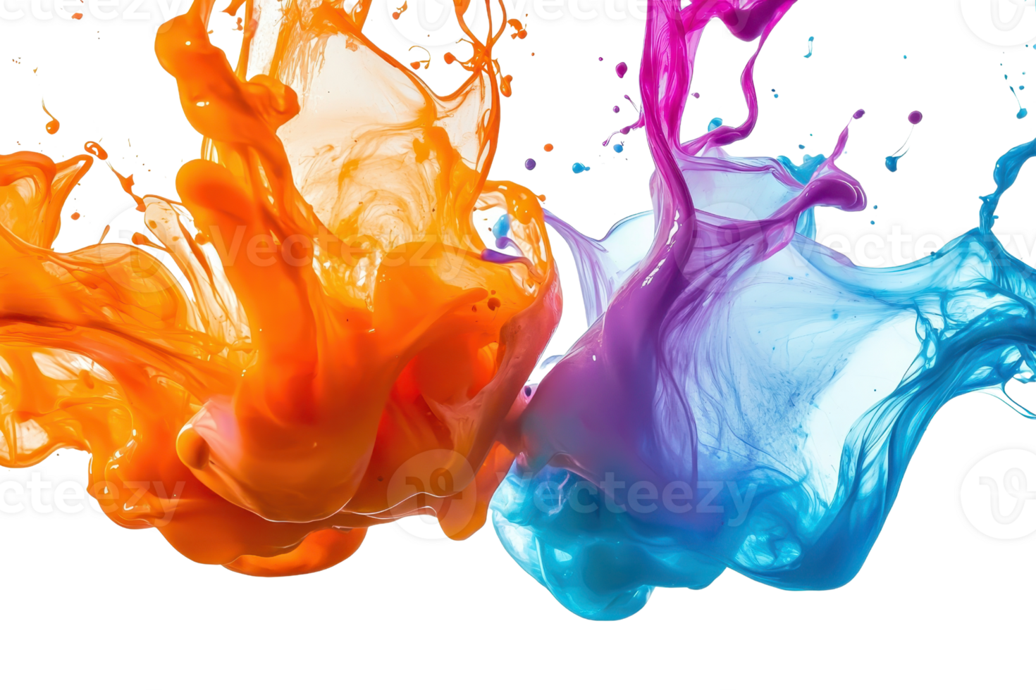 Vibrant splashes of orange, blue, and purple ink flow dynamically in water, creating a colorful and artistic abstract scene. png