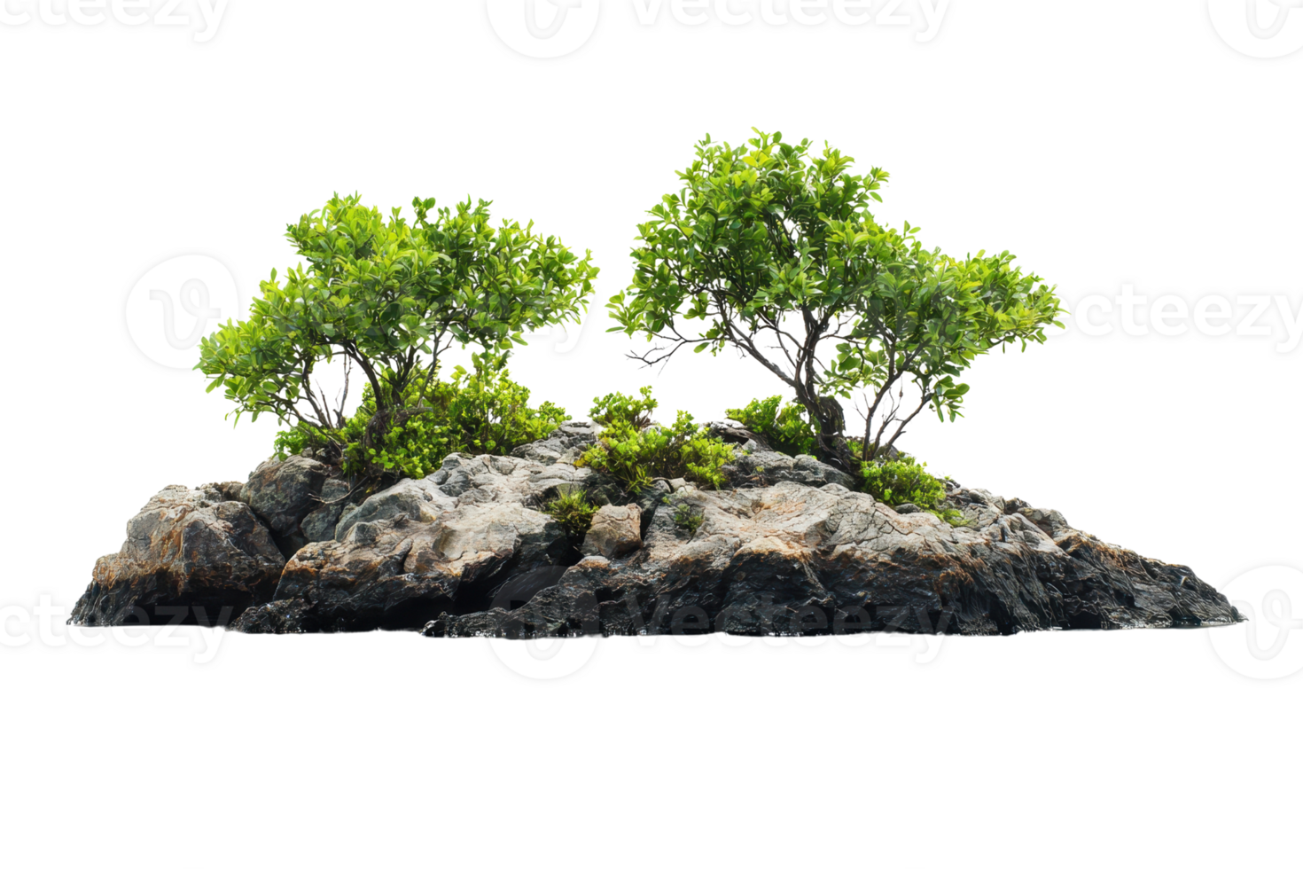 Vibrant green trees and rugged rocky outcrop isolated on transparent background. perfect for nature or landscape themes. png