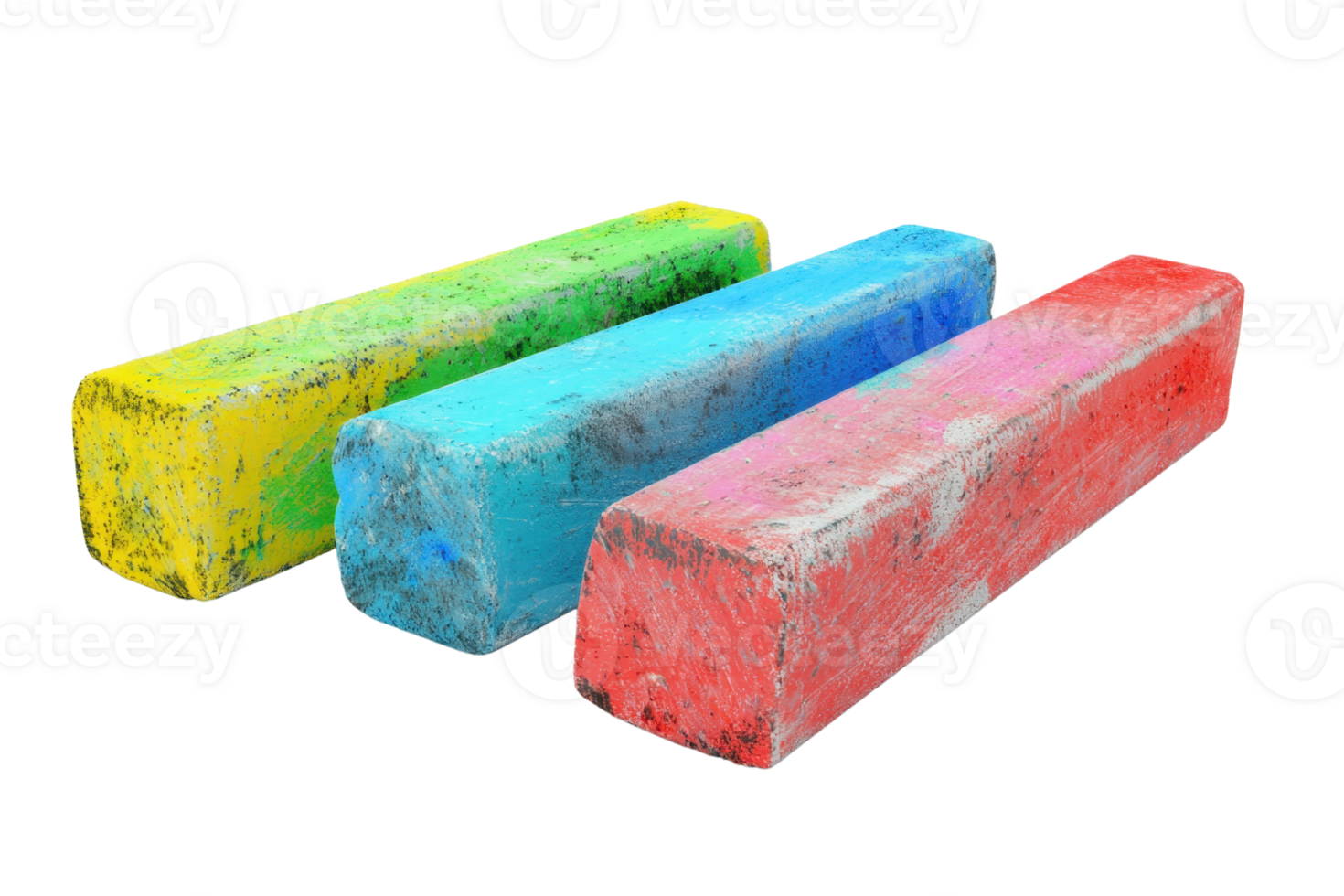 Three colorful chalk sticks in yellow, blue, and red on a transparent background. perfect for art and education themes. png
