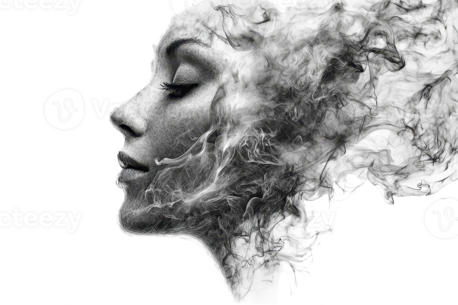 Surreal digital art of a woman's face merging with smoke, symbolizing abstract thinking and creativity. png