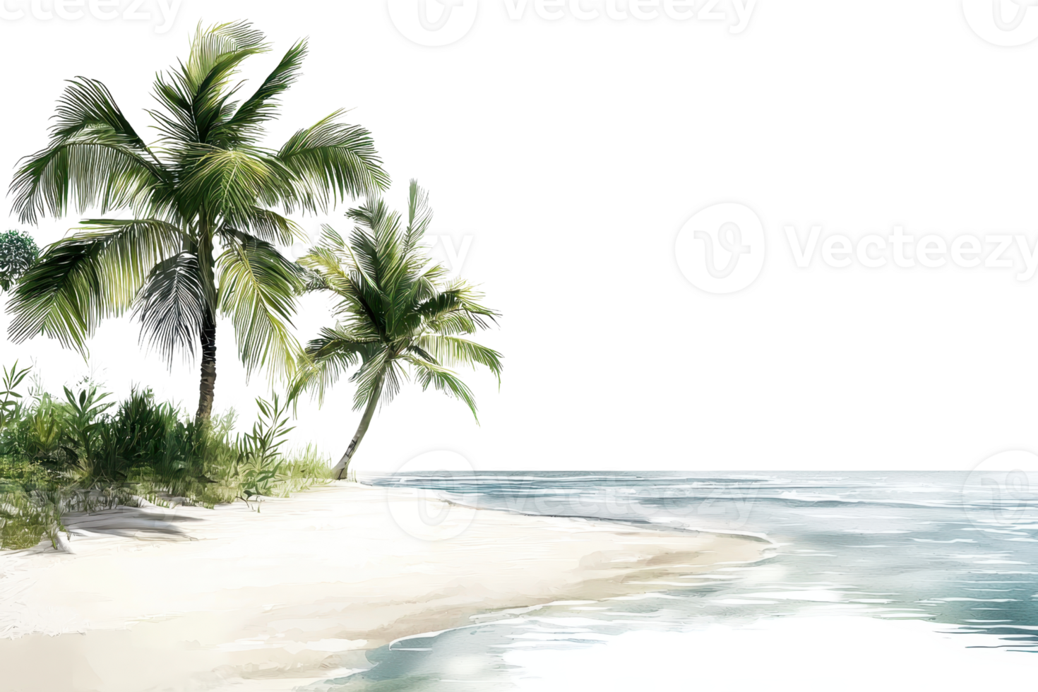 Tropical beach scene with lush palm trees and gentle ocean waves. Perfect for travel, vacation, or nature themes. png