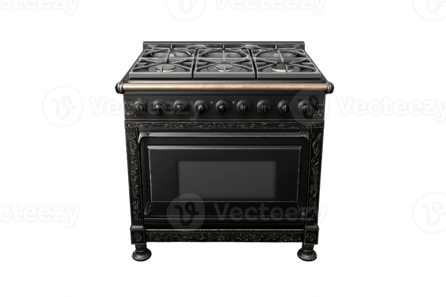 Vintage black gas stove with intricate detailing and multiple burners, perfect for a retro kitchen setup and professional cooking. png