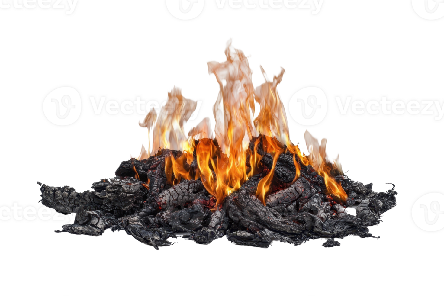 Stock photo of a blazing fire with bright flames and charcoal on a transparent background. perfect for fire safety or camping themes. png