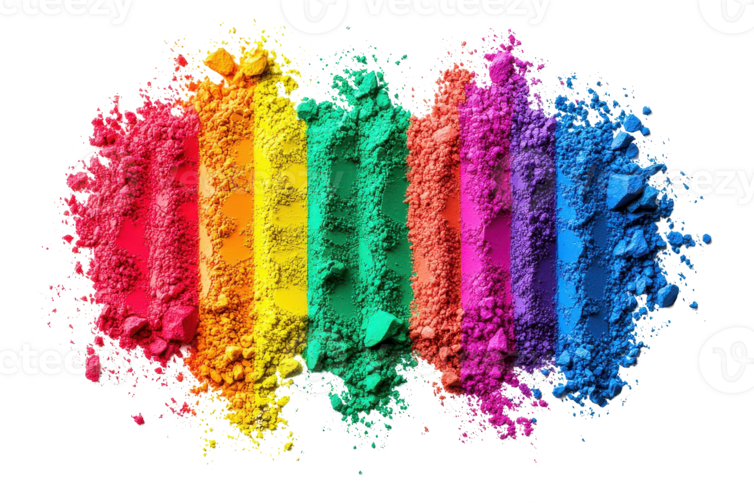 Vibrant multi-colored powder arranged in stripes, showcasing a spectrum from red to blue. Perfect for abstract backgrounds and artistic designs. png