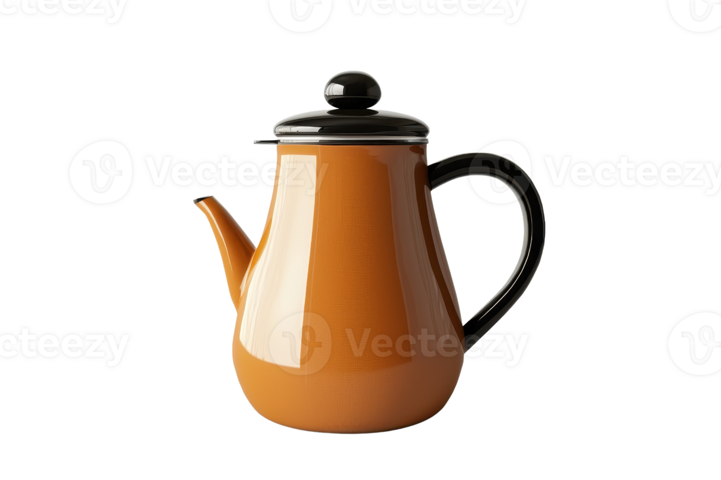 Vintage orange metal teapot with a black lid and handle, isolated on transparent background. Retro kitchenware, perfect for tea lovers and collectors. png