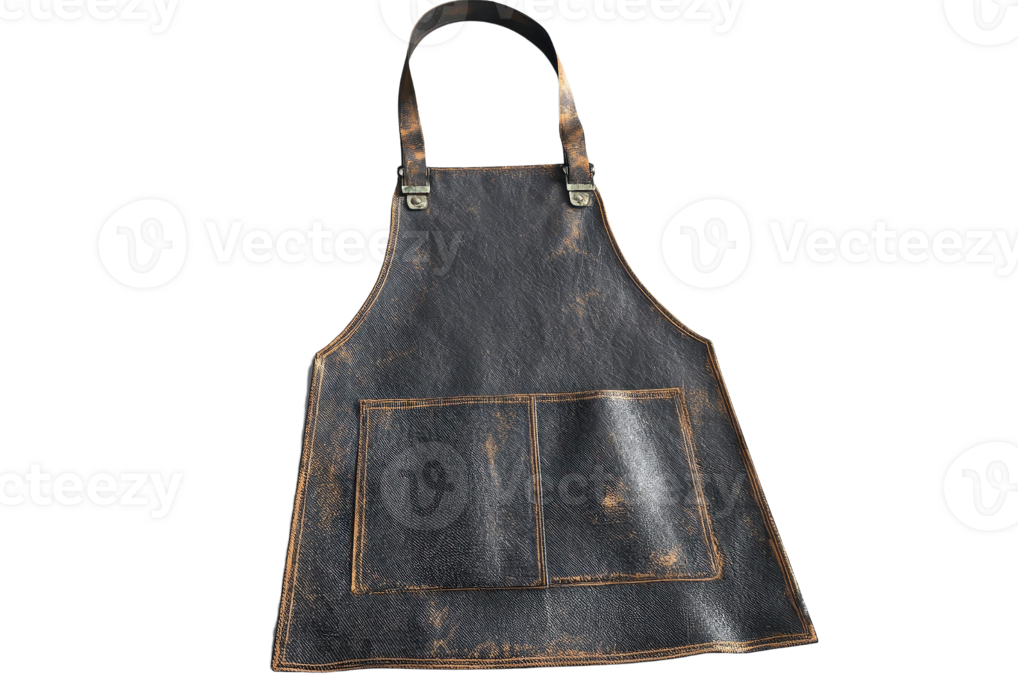 Vintage-style black leather apron with two front pockets, ideal for cooking, grilling, barbecuing, woodworking, or artisan crafts. png