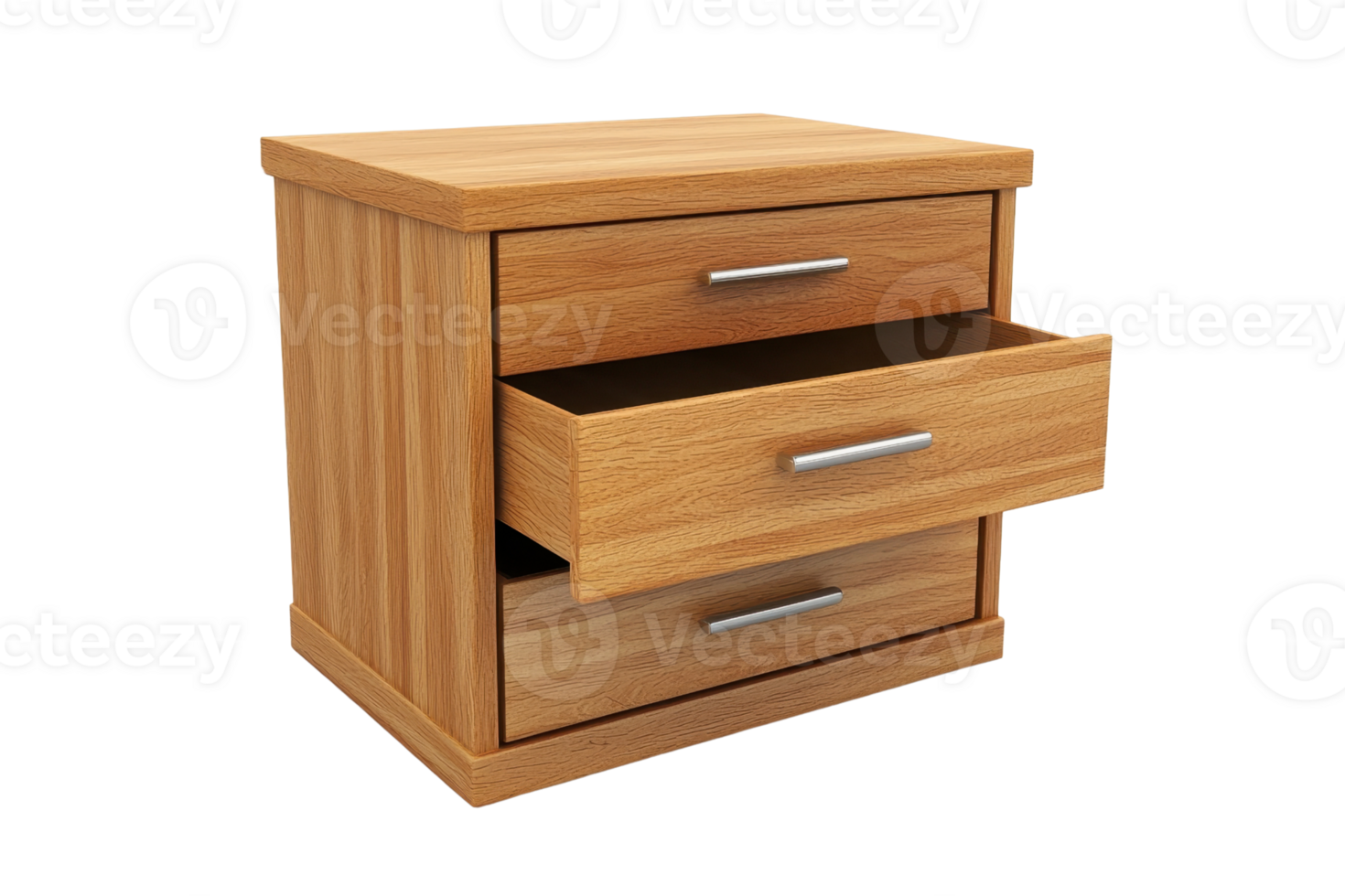 Wooden drawer chest with open drawers, isolated on transparent background. Ideal for home or office furniture designs and storage solutions. png