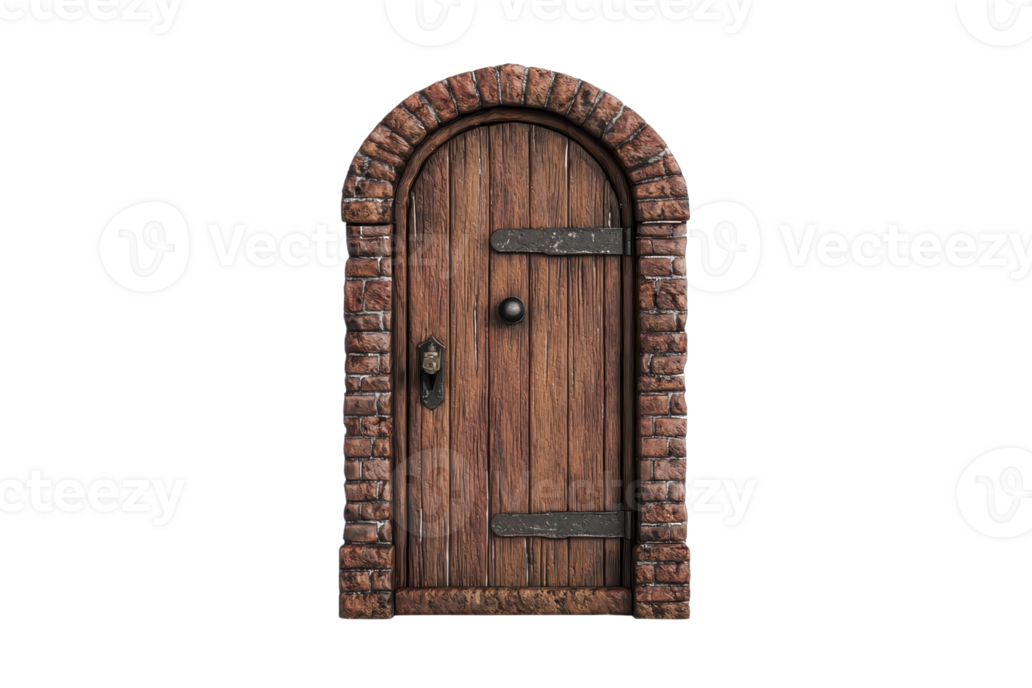 Vintage wooden arched door with brick frame and rustic metal hardware, isolated on transparent background. perfect for architectural themes. png