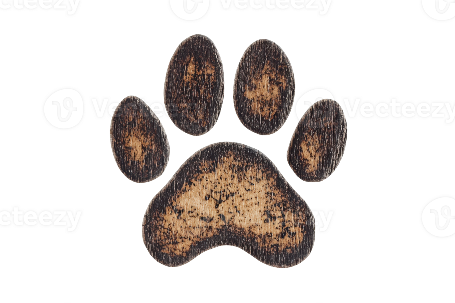 Vintage wooden paw print isolated on transparent background. handcrafted animal footprint decor with rustic texture, perfect for pet-themed designs. png