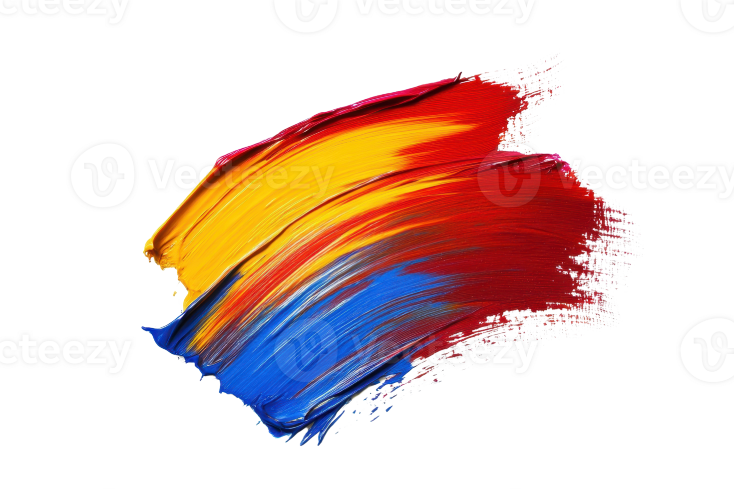 Vivid, colorful brushstrokes of red, yellow, and blue creating an abstract artwork on a transparent background. png