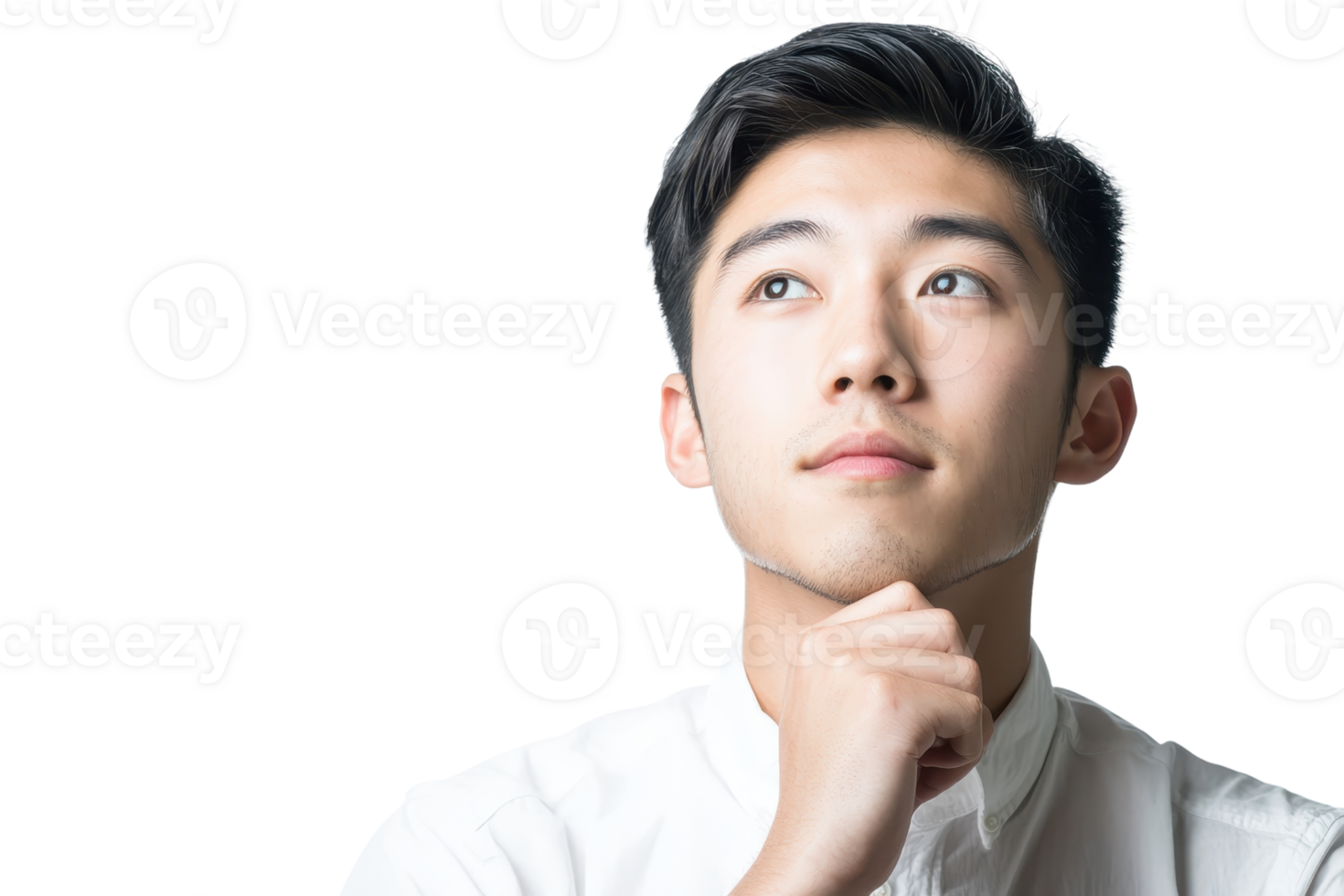Young man pondering an idea with a thoughtful expression, isolated on transparent background. Concept of thinking, decision making, and innovation. png