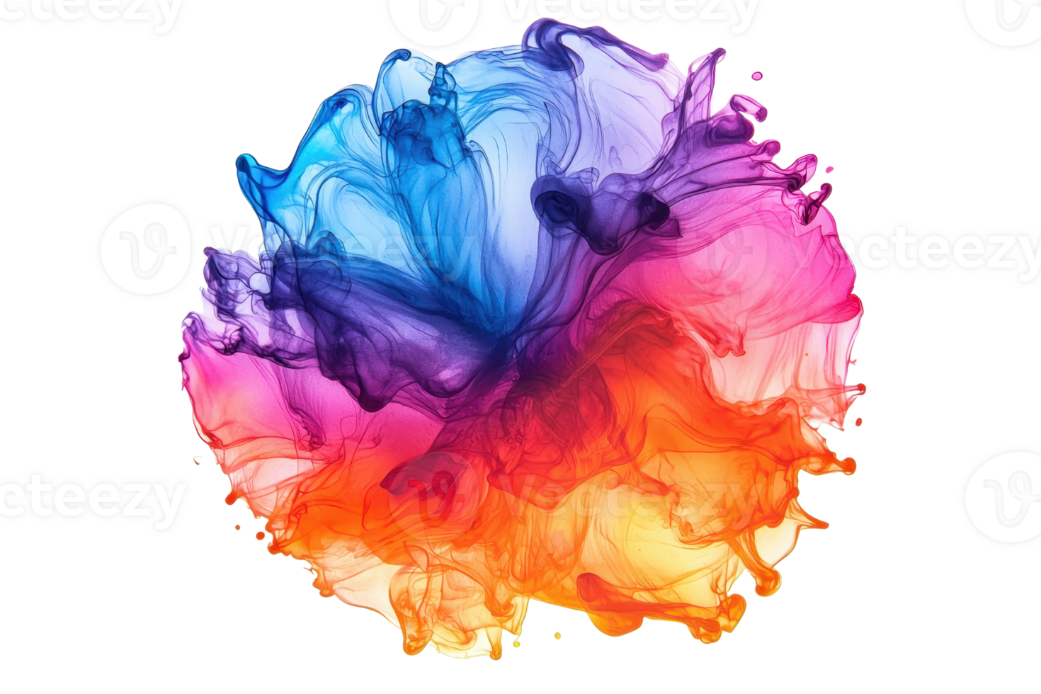 Vivid abstract colorful ink splashes blending in water, creating a mesmerizing burst of colors and dynamic shapes, ideal for creative projects. png