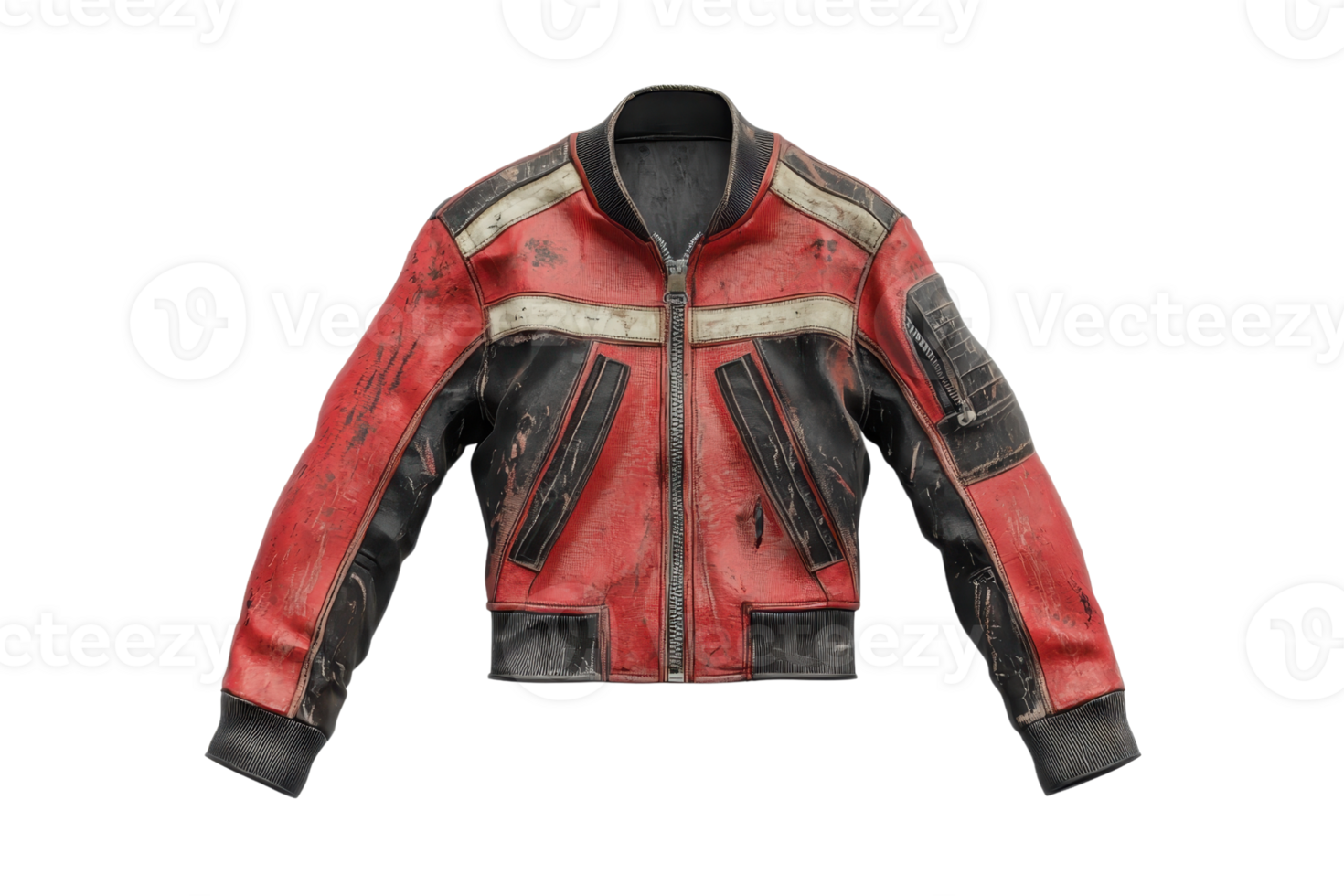 Vintage red leather jacket with black accents and zipper detail, perfect for a stylish and edgy fashion statement. png
