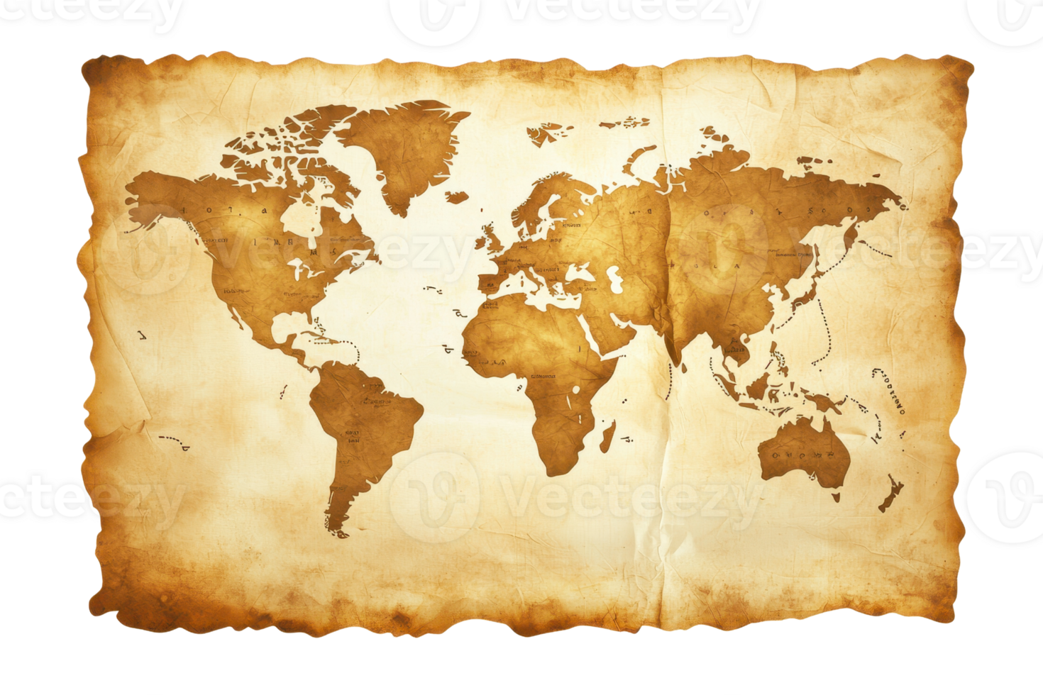 Vintage world map on aged parchment paper, depicting continents and oceans with an antique design. Perfect for travel or historical themes. png