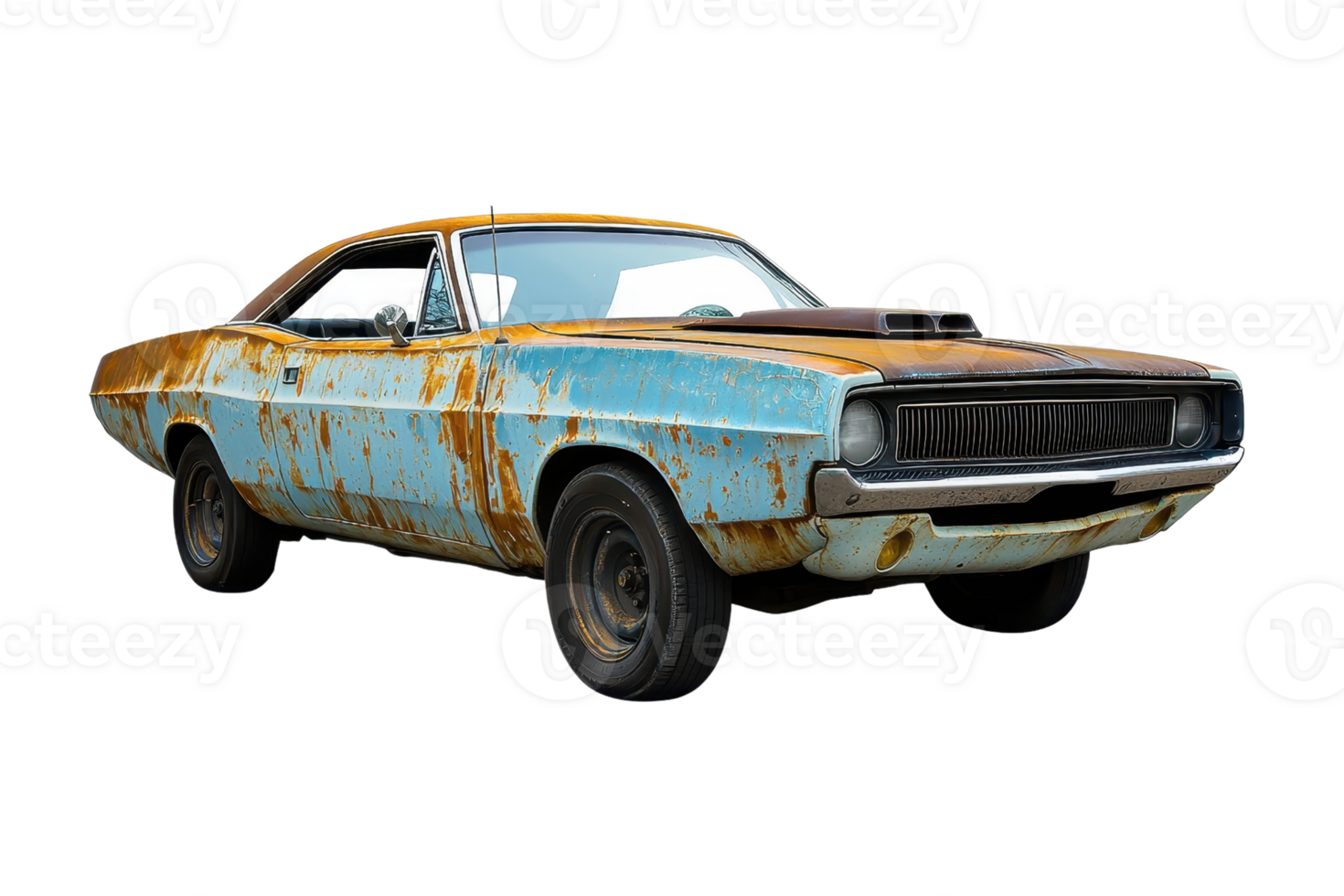 Vintage rusty car with worn paint, showcasing classic design and history. Perfect for automotive, restoration, and retro-themed projects. png