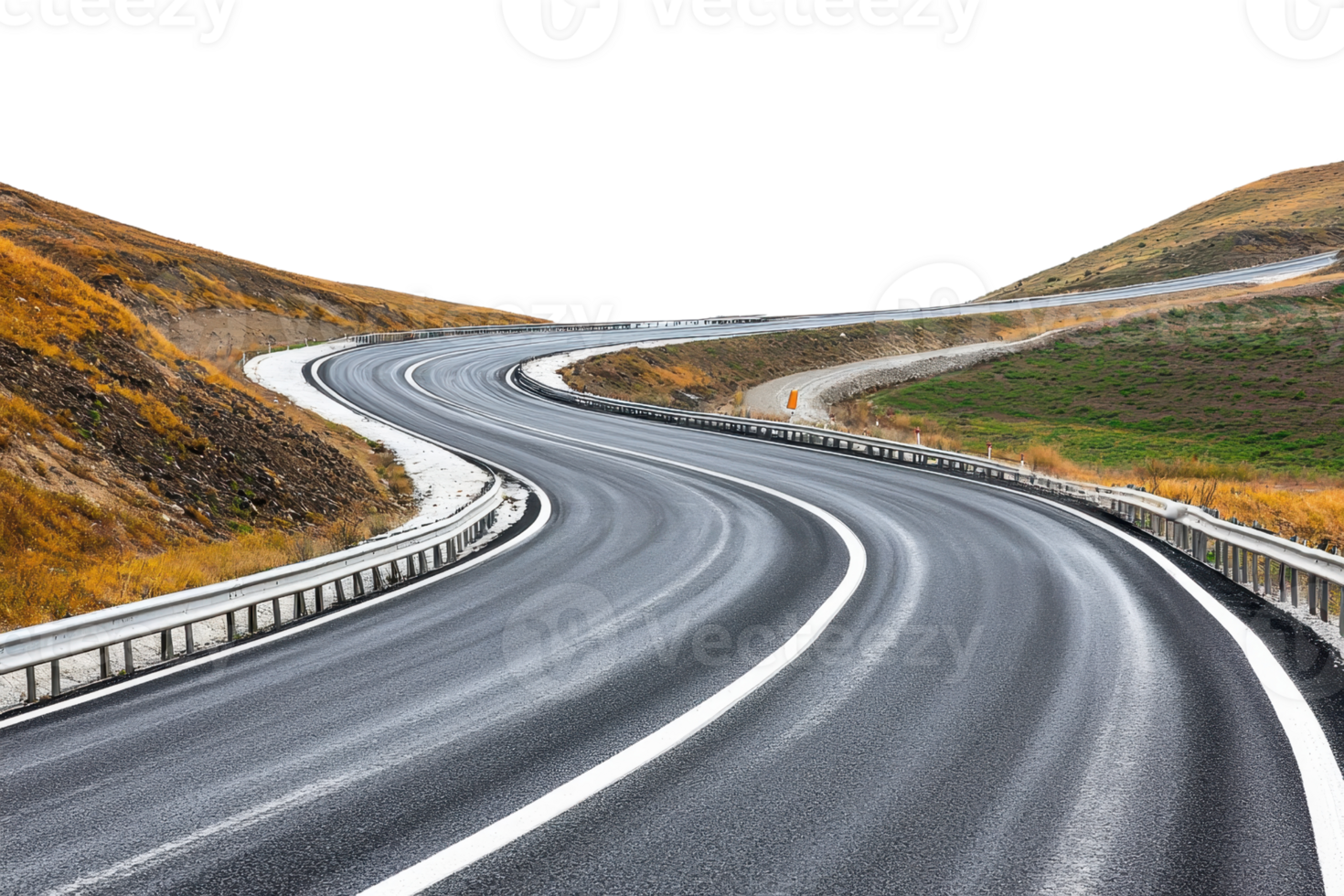 Winding mountain road with curves and bends in an autumn landscape showcasing barren hills and a clear asphalt highway. png