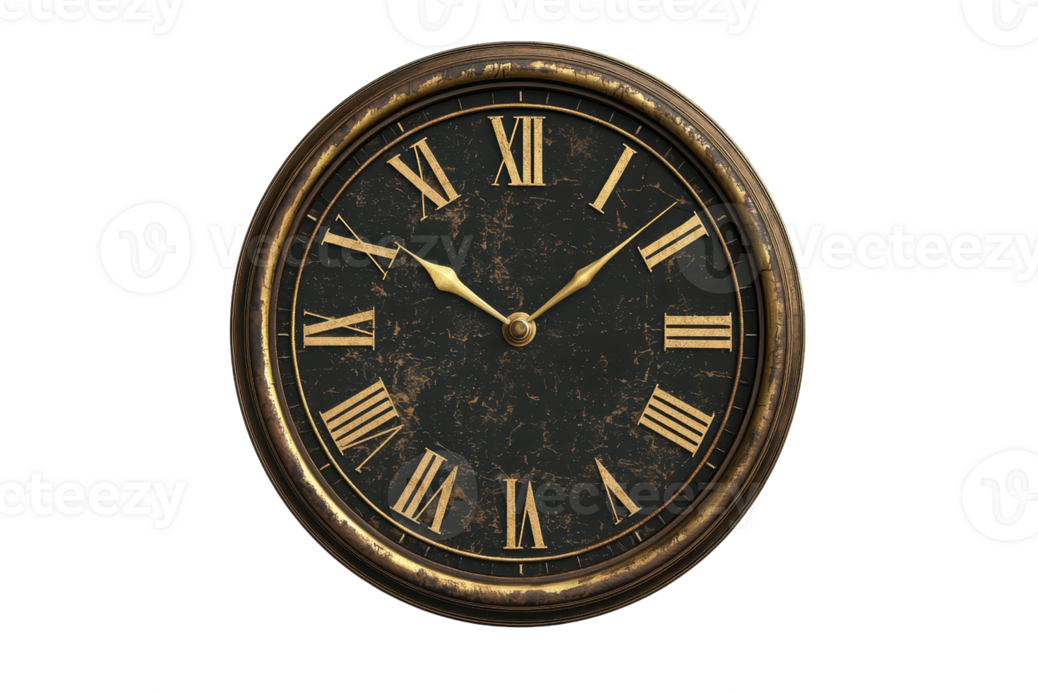 Vintage wall clock with Roman numerals, rustic design and aged face, evoking timeless elegance and classic charm for antique decor enthusiasts. png