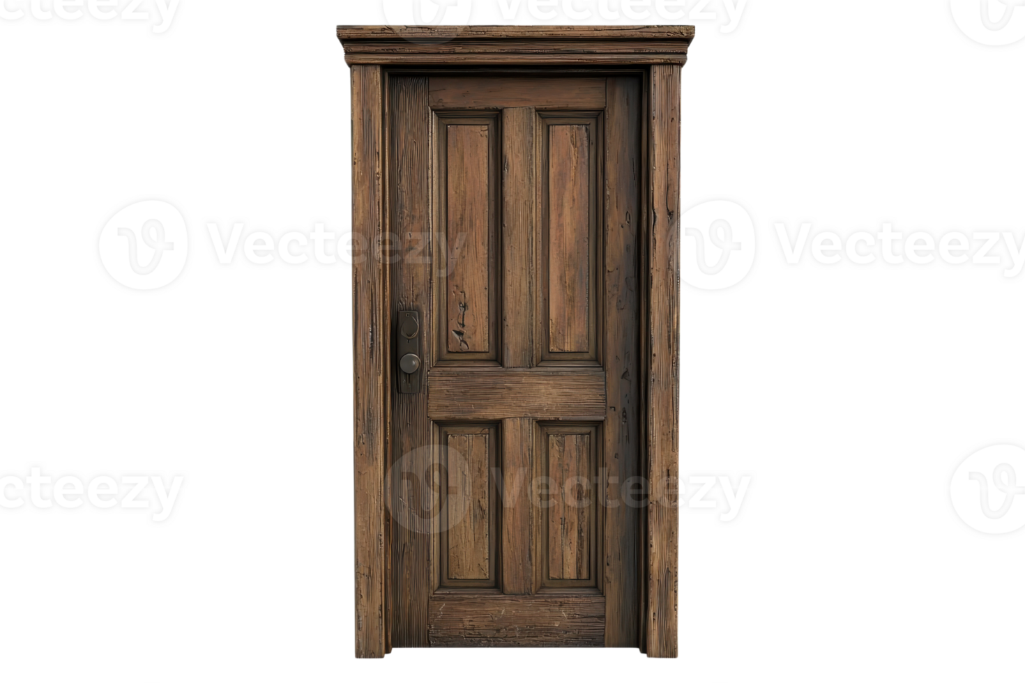 Vintage wooden door with intricate panels and weathered texture, showcasing rustic charm and architectural detail. png