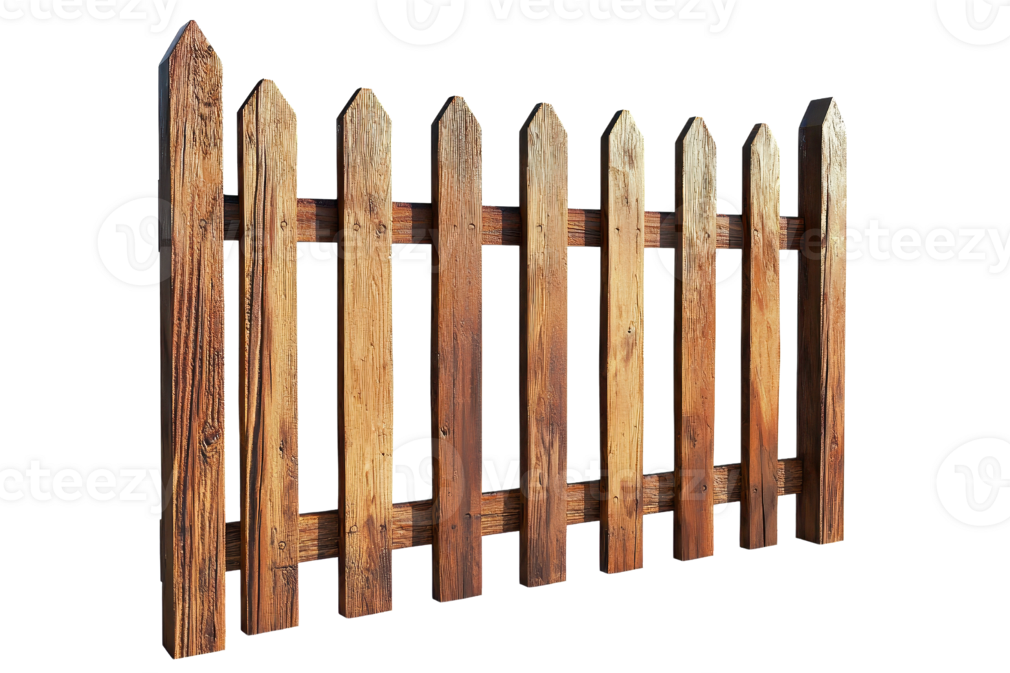 Wooden picket fence with seven vertical planks. The image is isolated on a transparent background. ideal for garden or boundary illustrations. png