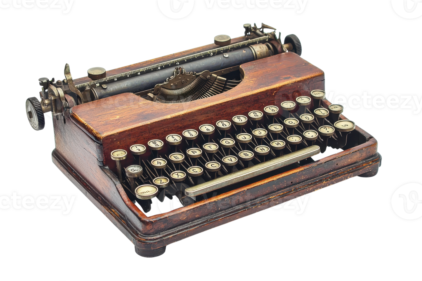 Vintage manual typewriter with wooden case and round keys, isolated on transparent background. conveying nostalgia and retro charm. png