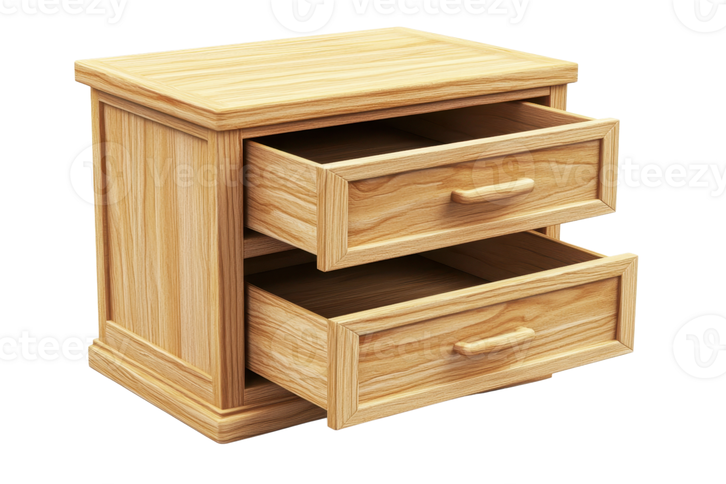 Wooden nightstand with two open drawers, showcasing elegant craftsmanship and a natural finish, perfect for bedroom storage and decor. png