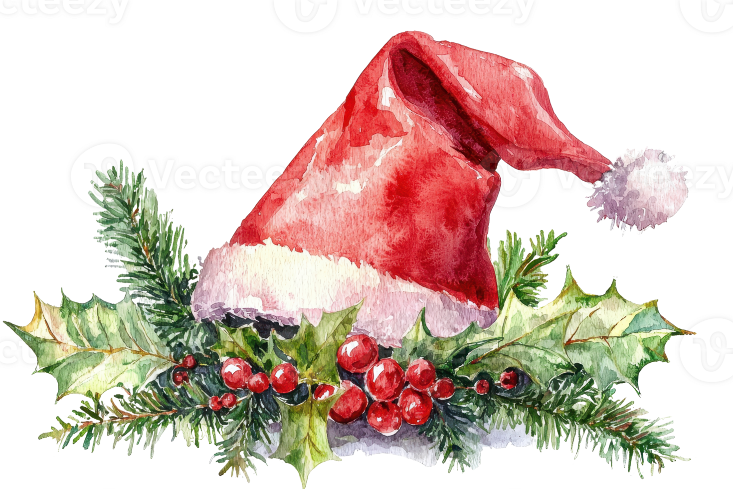 Watercolor painting of a Santa hat with holly berries and leaves, perfect for Christmas and holiday themed designs. png