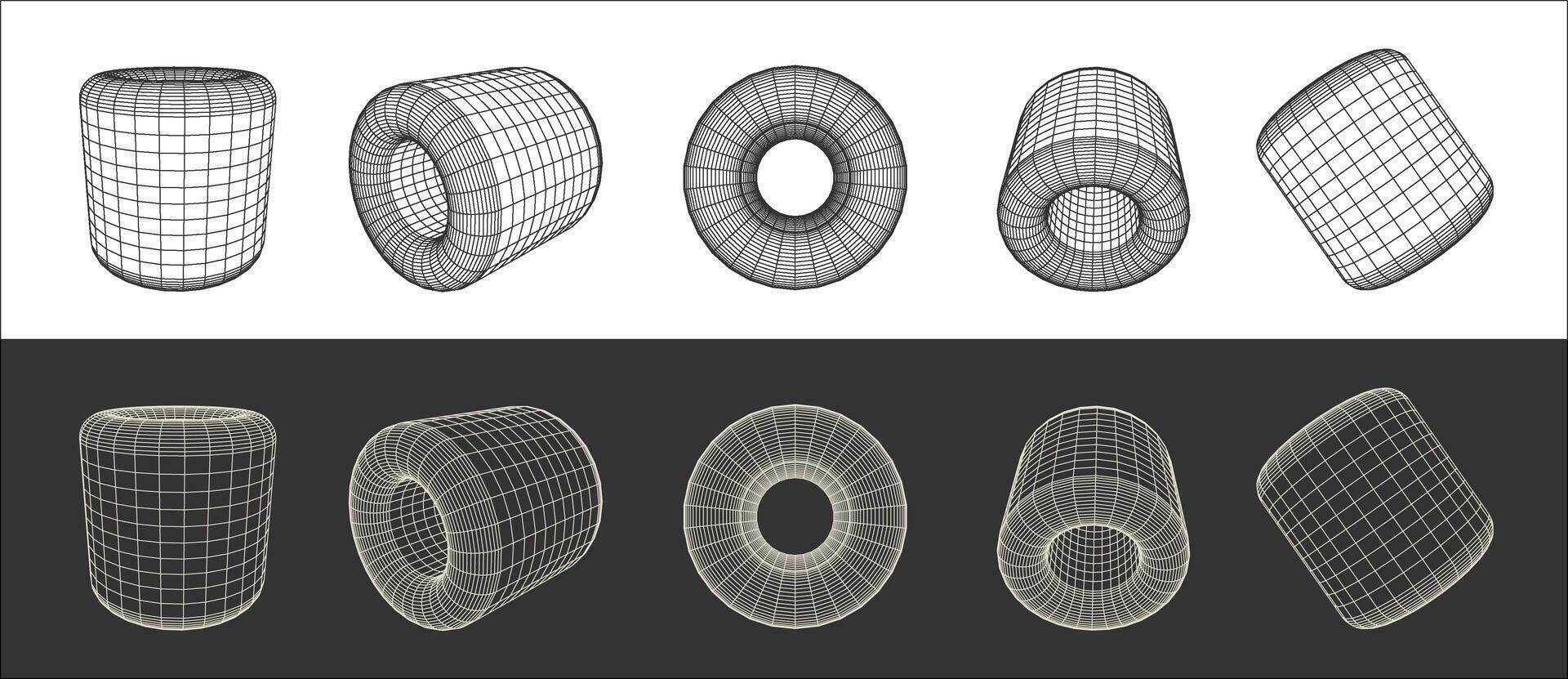 Wireframe 3D tube shapes. graphic asset in a retro futuristic style, featuring wireframe elements in various forms and bold modern shapes, ideal for design templates, posters, banners, clothing vector