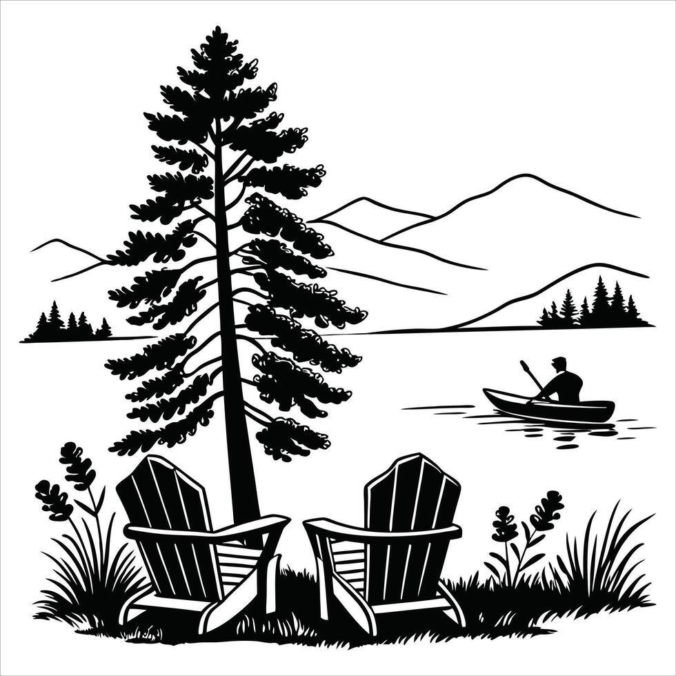 Tranquil Forest and Lake Digital Illustration Clipart vector