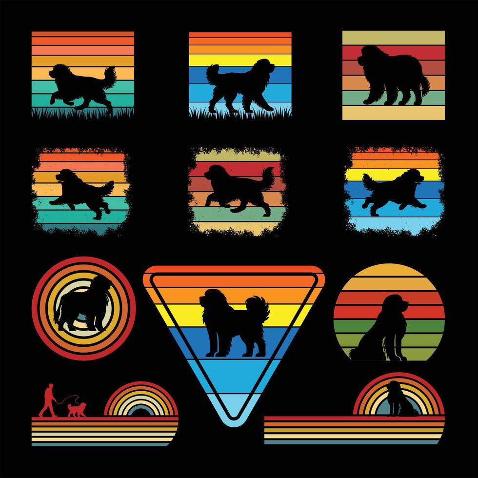 Newfoundland Dog Retro Sunset Illustration Bundle vector