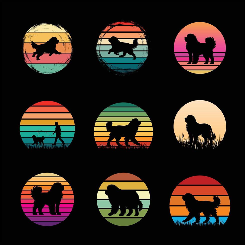 Sunset Retro Style Newfoundland Dog Silhouette Bundle vector