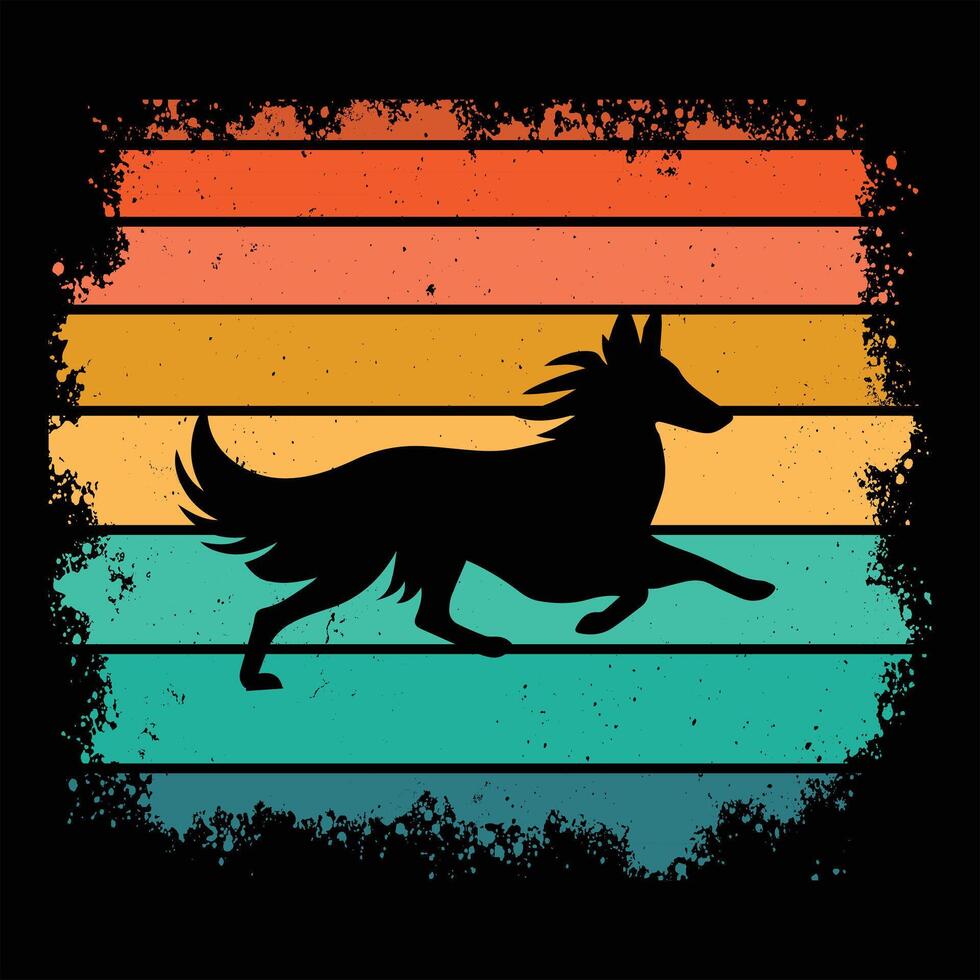 Retro Collie Dog Illustration Design with Vintage Sunset Background vector