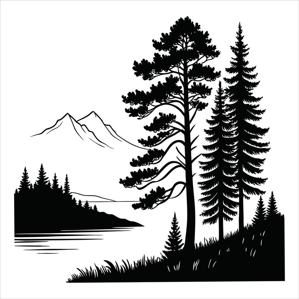 Lake and Forest Landscape Illustration Digital Clipart vector