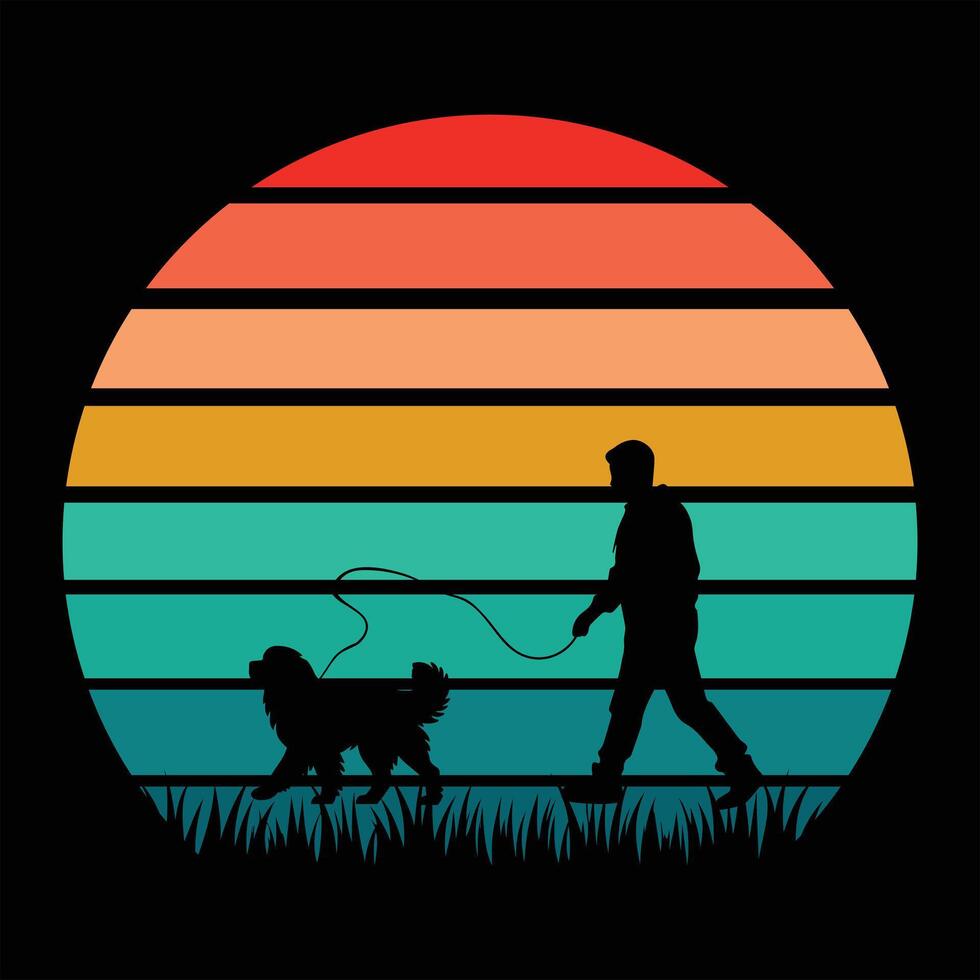Retro Newfoundland Dog Sunset Silhouette Design vector