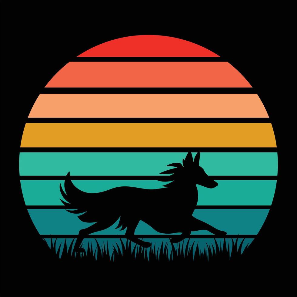 Collie Dog Retro Background Vintage Sunset Illustration Design vector
