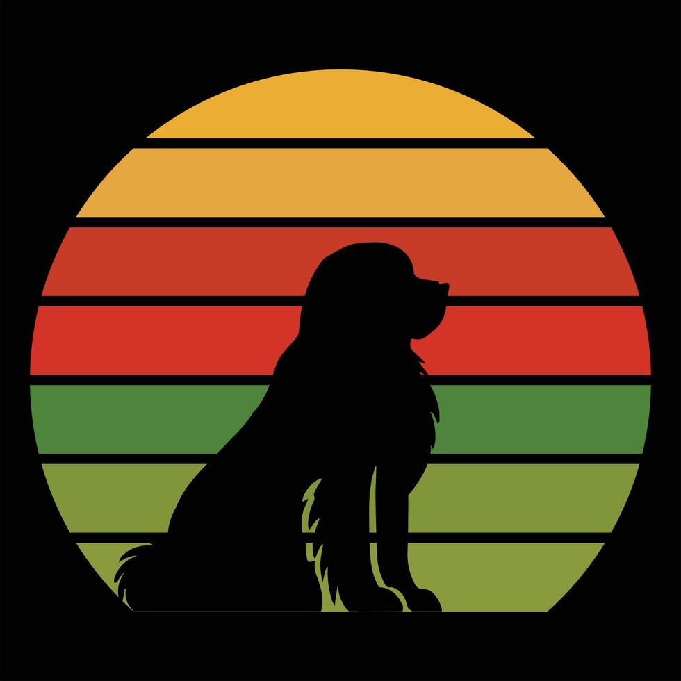 Newfoundland Dog in Sunset Illustration Retro Style vector