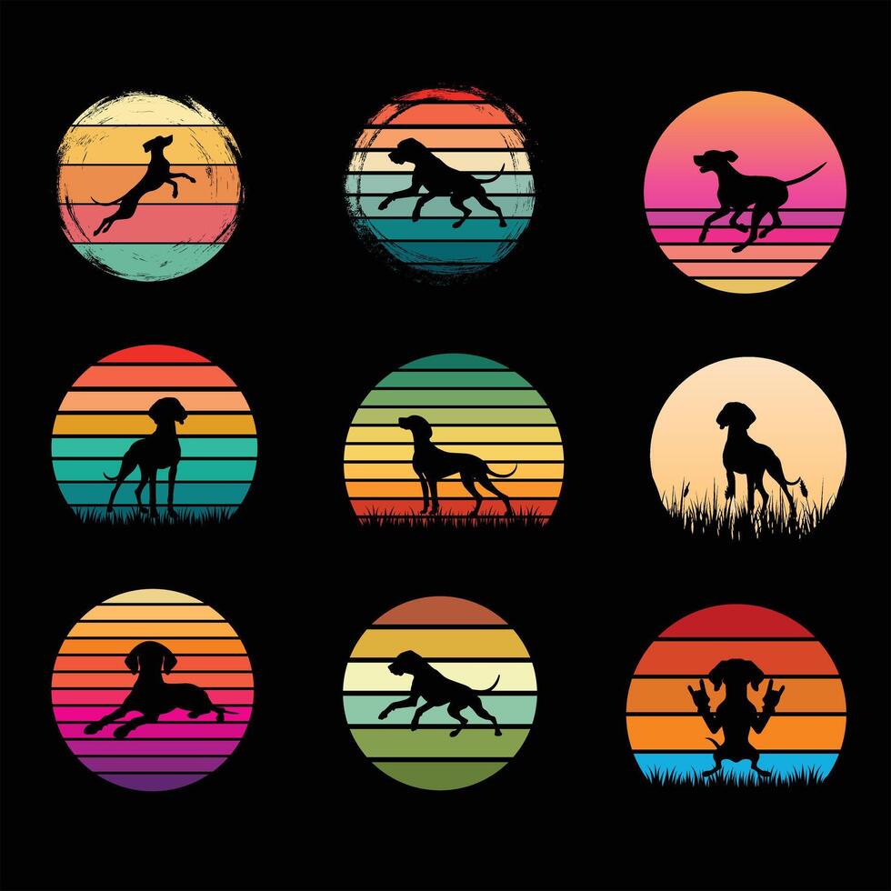 Vizsla Dog Silhouette with Warm Sunset Retro Design Bundle vector