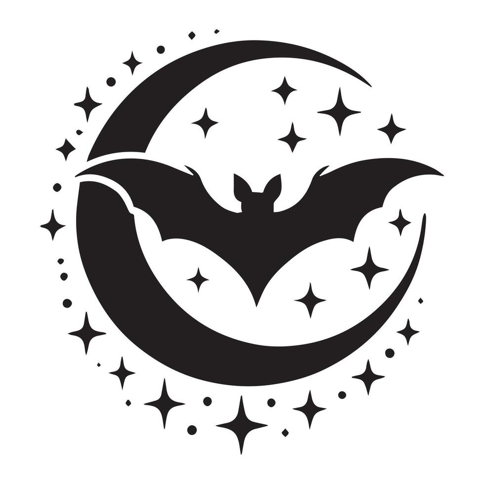 Crescent Moon and Bat with Starry Night Theme vector