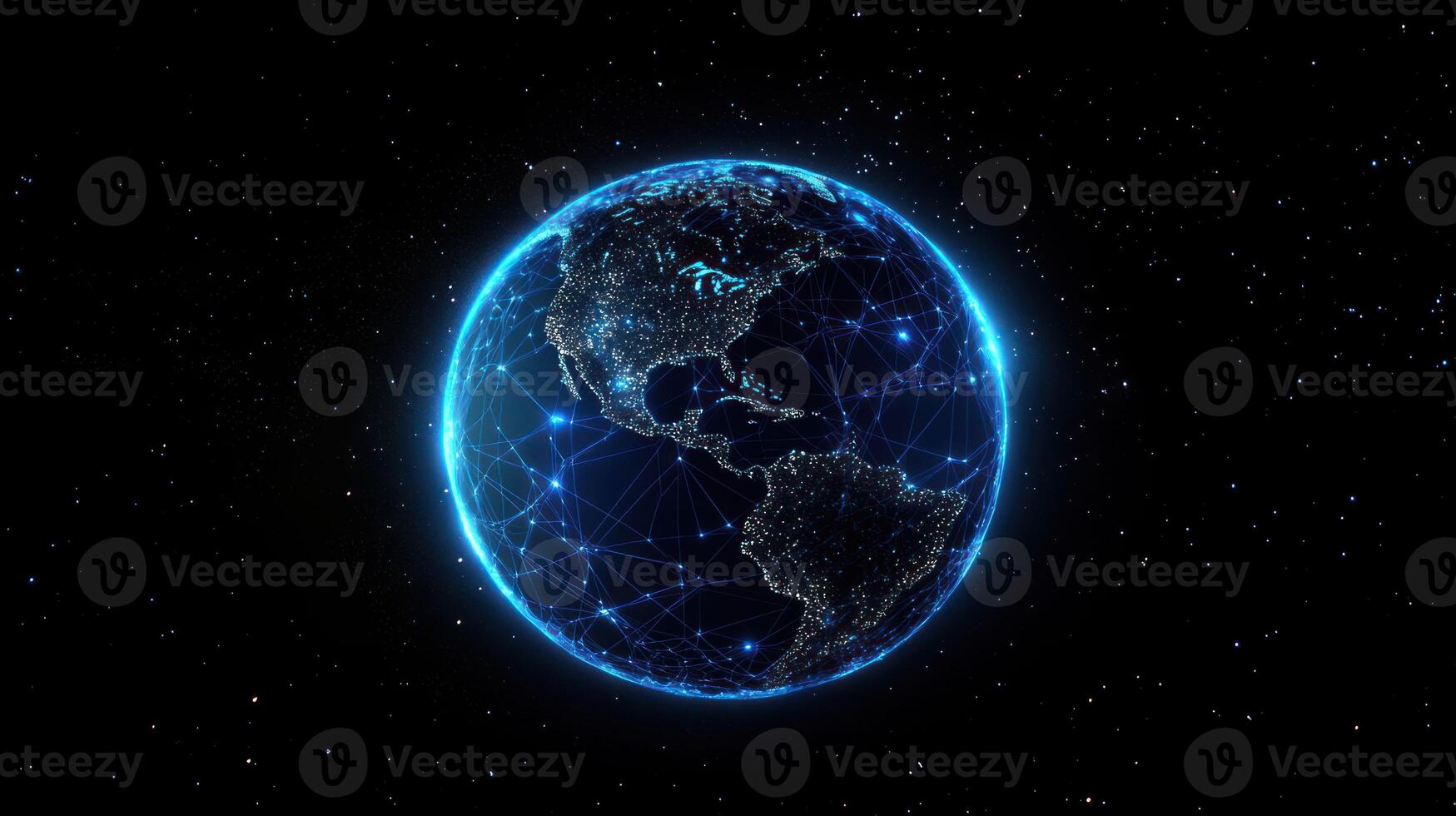 A glowing blue Earth with a network of lines and dots against a black starry background. photo