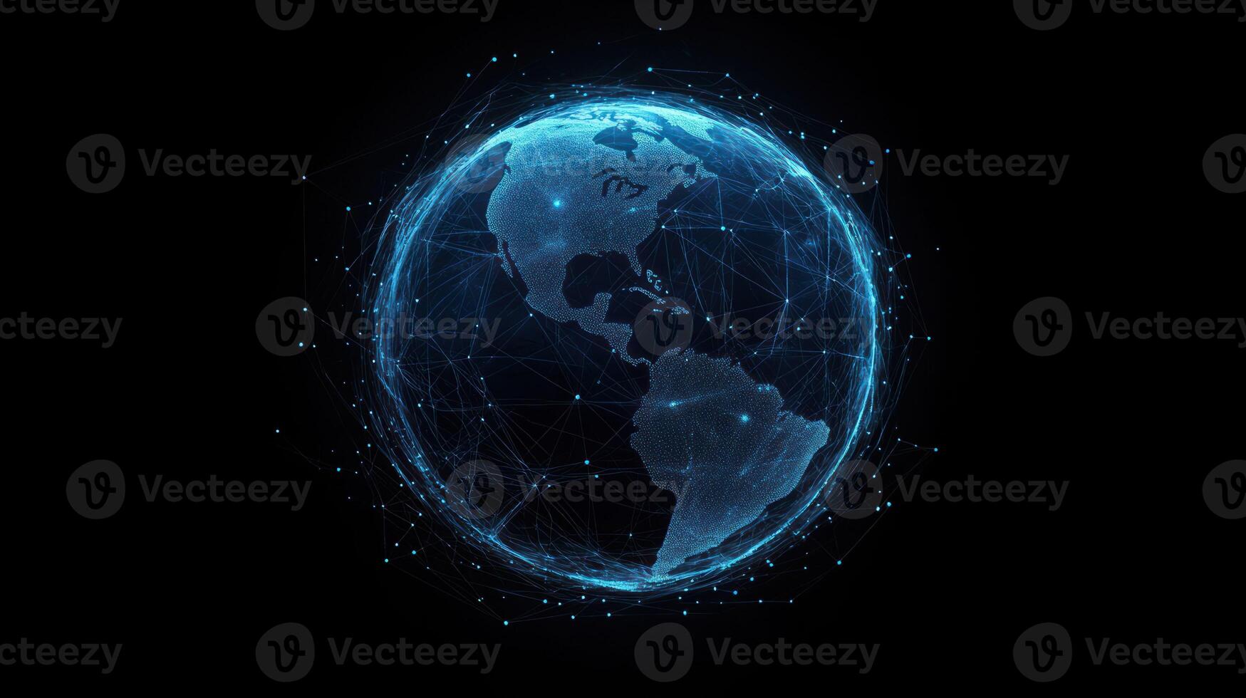 A blue glowing globe with a network of lines and dots. photo